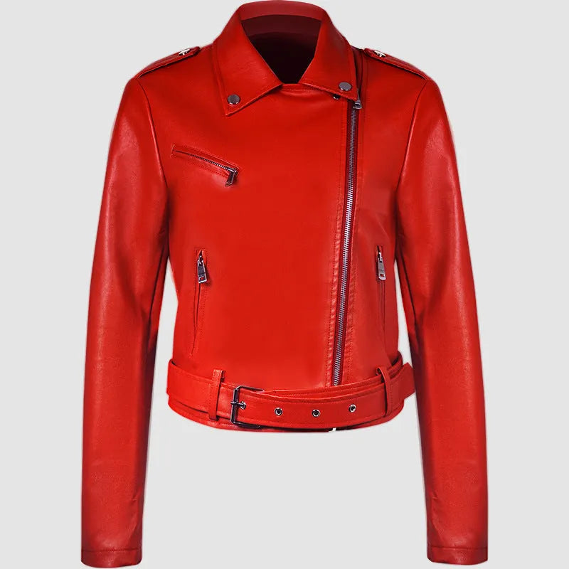 Women's black PU leather motorcycle jacket with lapel belt, on a hanger.