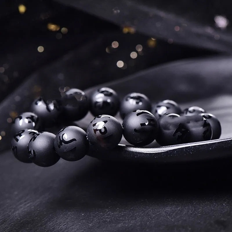 Natural black agate Sanskrit mantra bracelet with frosted finish and auspicious Chinese patterns