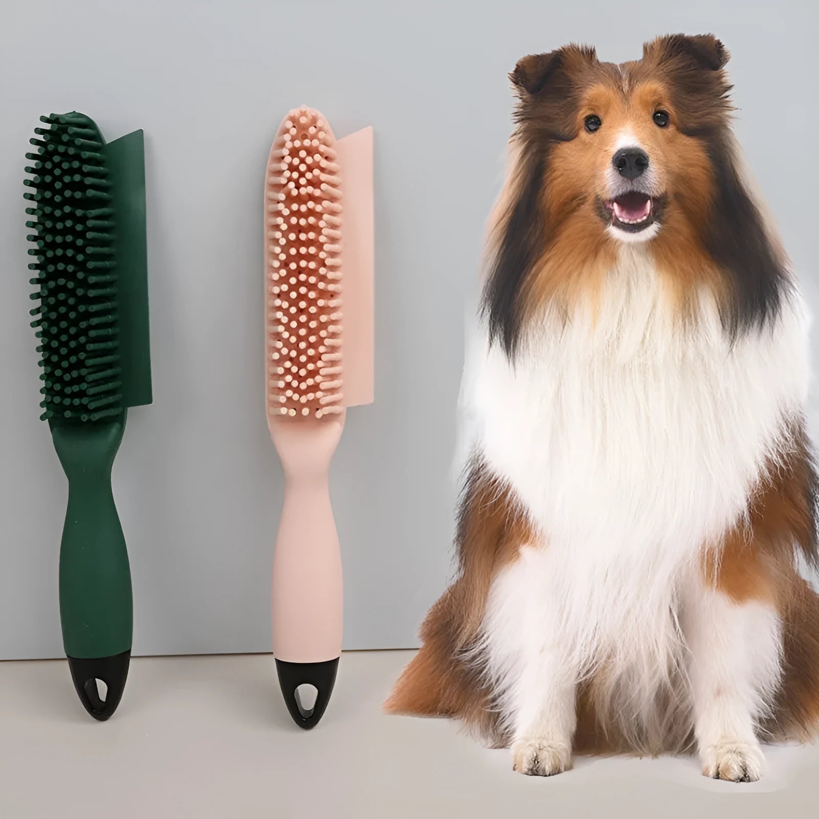 Green dog brush with hair collector reservoir, massage nodules, and a separate pink wool sticker for pet hair removal