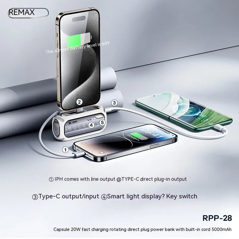 Capsule 20W 5000mAh mini power bank with folding bracket and built-in Type-C and Lightning cables in grey