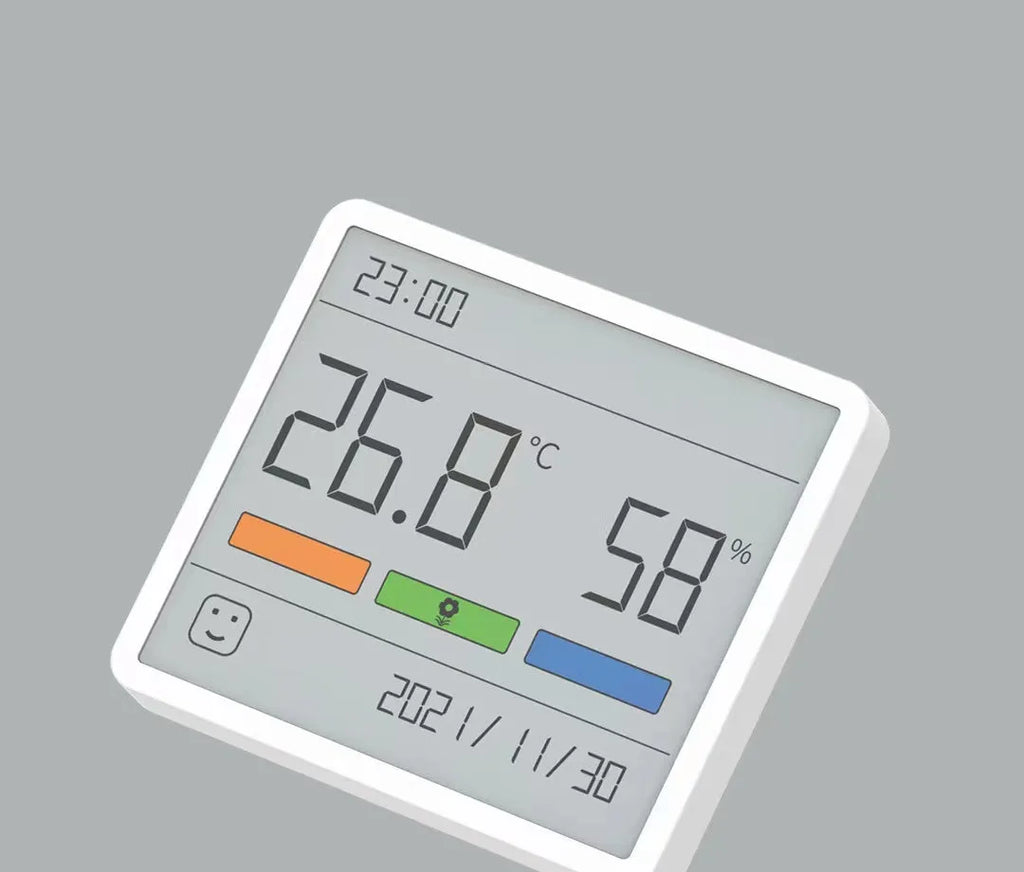 Mini digital clock hygrograph with ABS body, PMMA screen, temperature and humidity display, stand and adhesive mount options