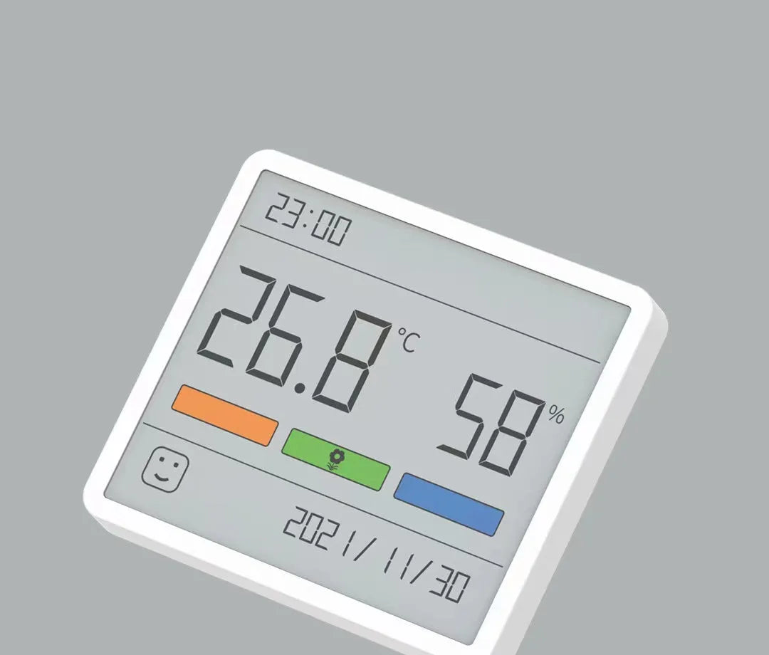 Mini digital clock hygrograph with ABS body, PMMA screen, temperature and humidity display, stand and adhesive mount options