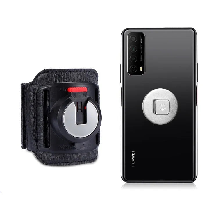 Black mobile phone holder worn on wrist showing smartphone compatibility for delivery and sports use