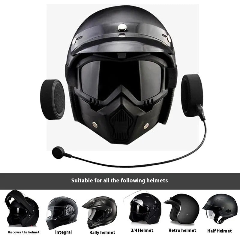 Waterproof Bluetooth helmet headset in black with bilateral stereo and battery display, head-mounted for motorcycle use