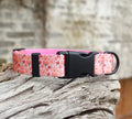 Floral pattern nylon ribbon dog collar in hanada blue with adjustable sizing for small to large dogs