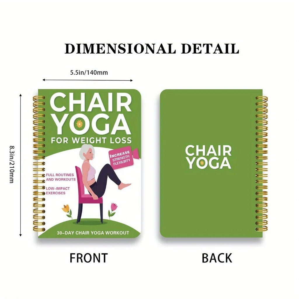 Green coil-bound notebook with 30 days chair yoga training guide content