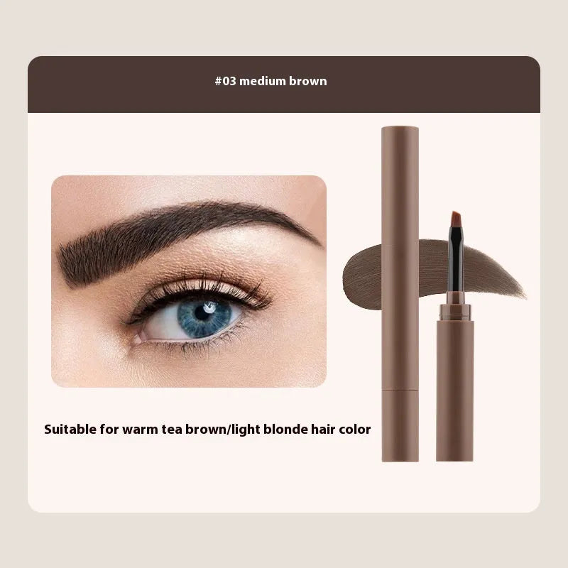 Double-headed eyebrow cream tube with dual applicator shown in five colour shades.