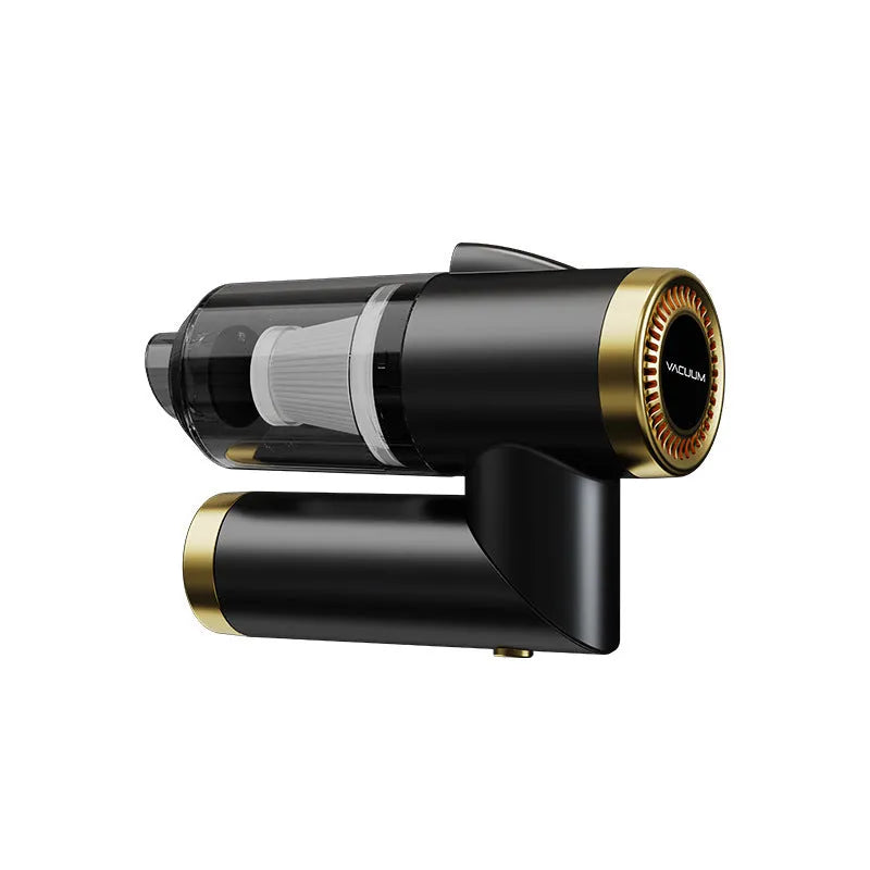 Handheld wireless car vacuum cleaner with USB charging cable showing black and white colour options