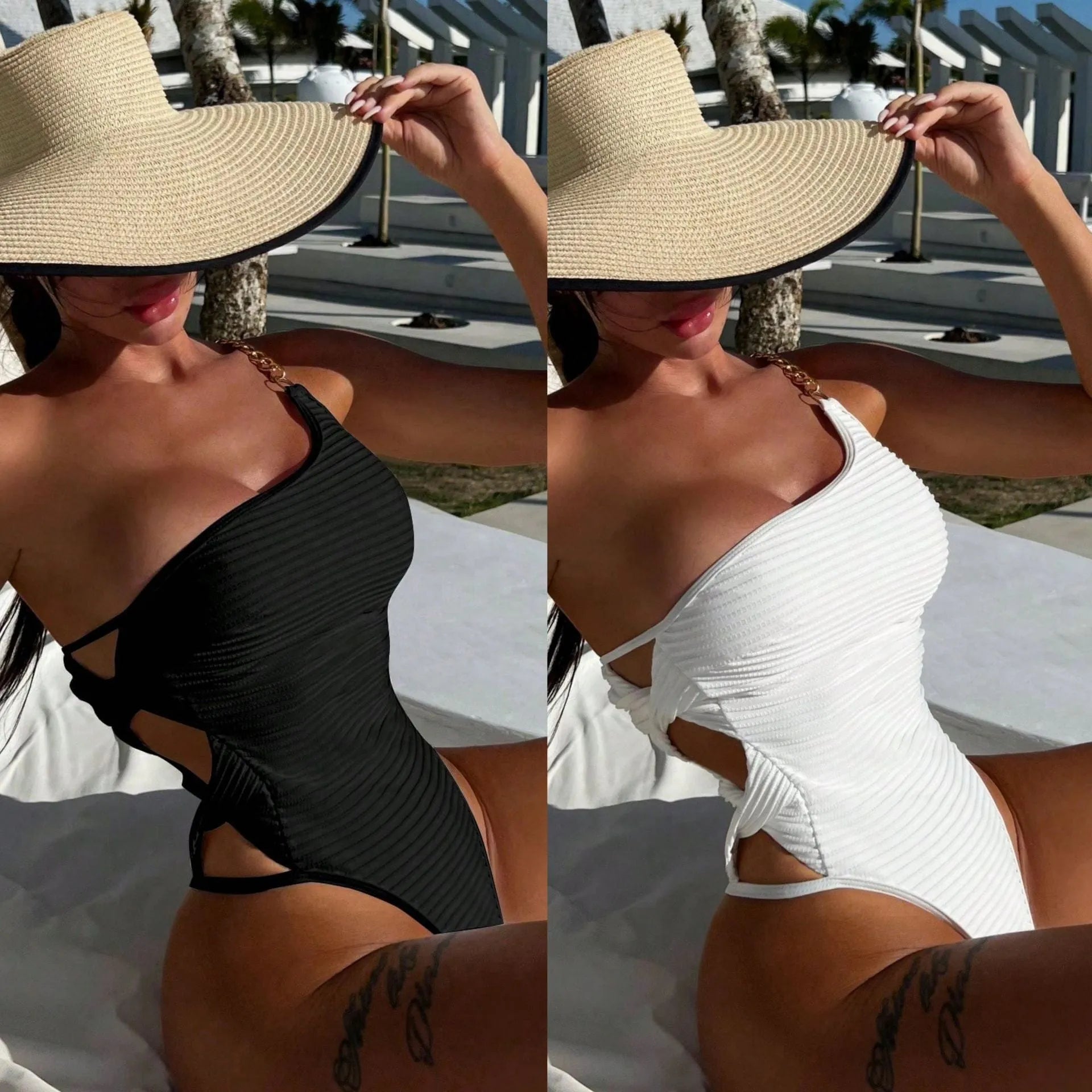 Women's solid beige one-piece swimsuit made from polyester fabric on a mannequin.