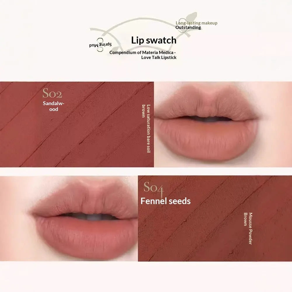 Matte brown lip mud in tube with applicator wand, low-saturation nude earth tone colour