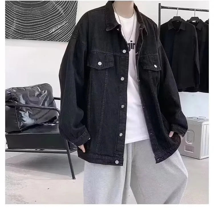Ins Autumn Loose-fitting Denim Jacket in dark blue with side seam pockets, front view