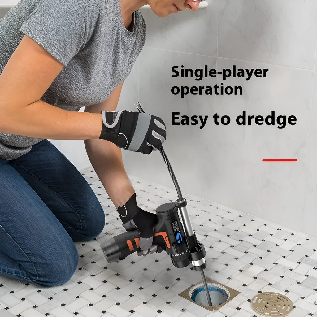 Electric pipe drainage tool with 16.8V motor and 7.5m steel wire cable for clearing toilet and kitchen blockages