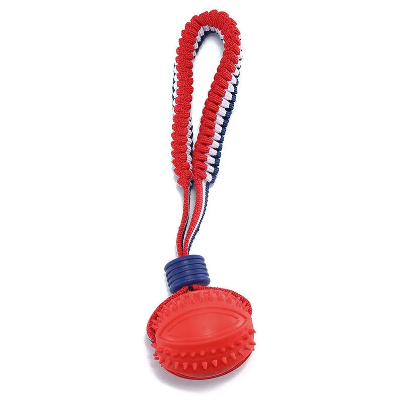 Blue dog ball with rope toy showing textured surface and cotton rope attachment