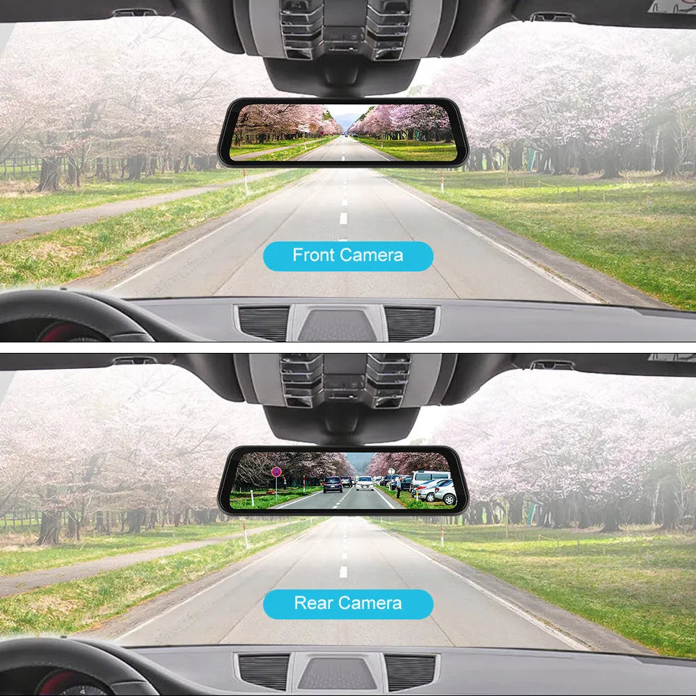 9.66-inch HD rearview mirror dash cam with CarPlay and Android Auto on car windshield