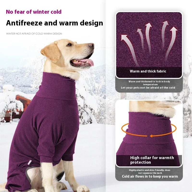 Four-legged polar fleece dog coat with high collar in dark grey or wine red