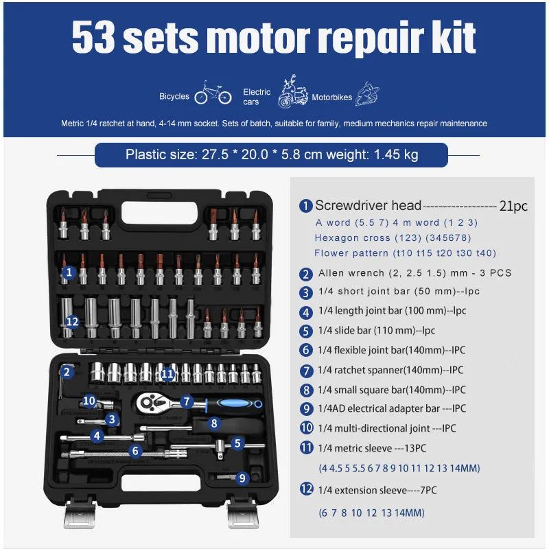 46-piece chromium vanadium steel socket ratchet wrench set in black storage box