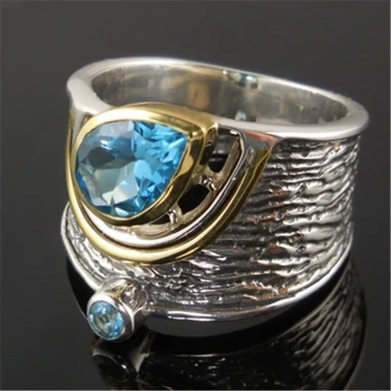 Women's blue zircon drop shape ring with Chinese style design and alloy construction