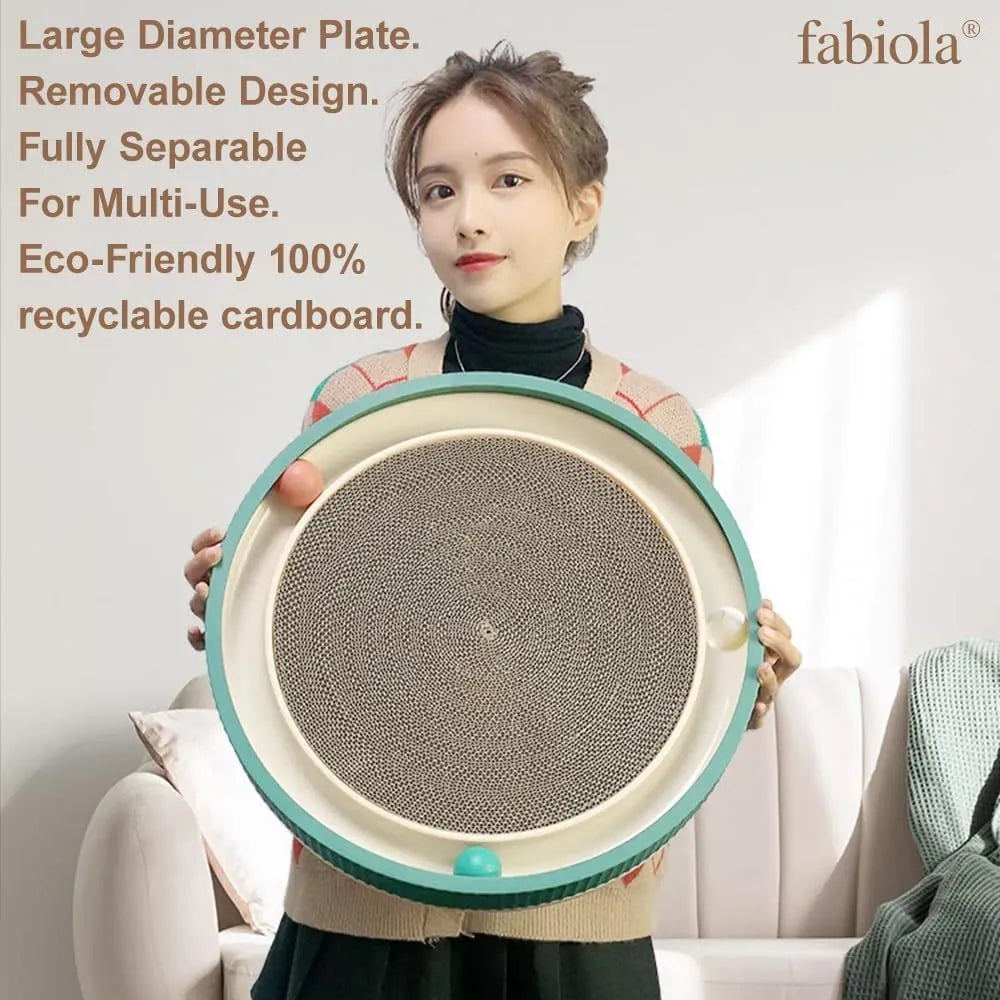 Large circular cat scratching board with integrated ball toys and refillable cardboard core