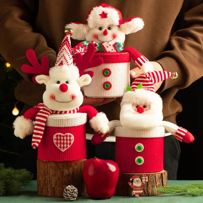 Christmas Eve gift box in knitted flannel and Cellucotton, cartoon style, oversized elk design