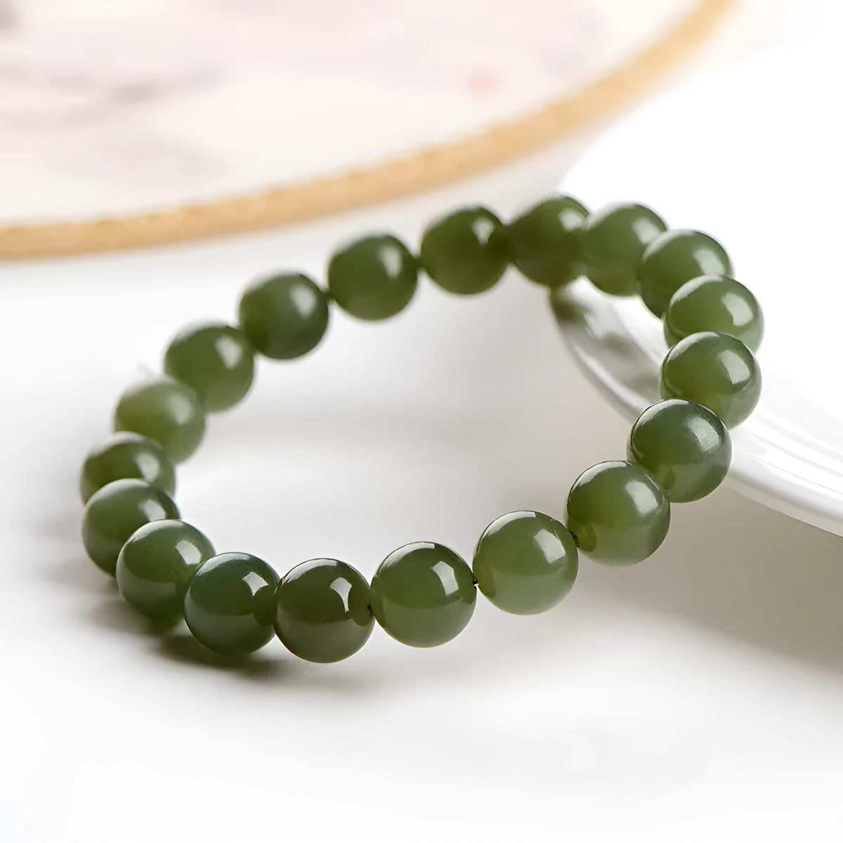 Hetian jade bracelet with polished round beads in ice-like clear colours, 4mm to 10mm sizes, unisex style