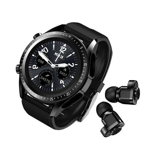 Black smart watch with blood pressure monitor on a silicone wrist strap, showing a 1.28-inch screen.