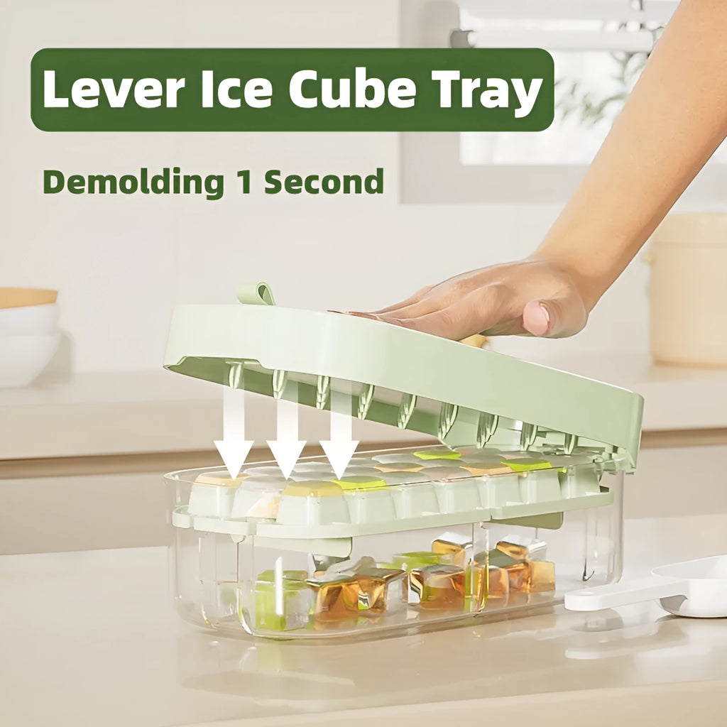 Colourful ice cube tray set with high-capacity grid and integrated storage for ice shovel