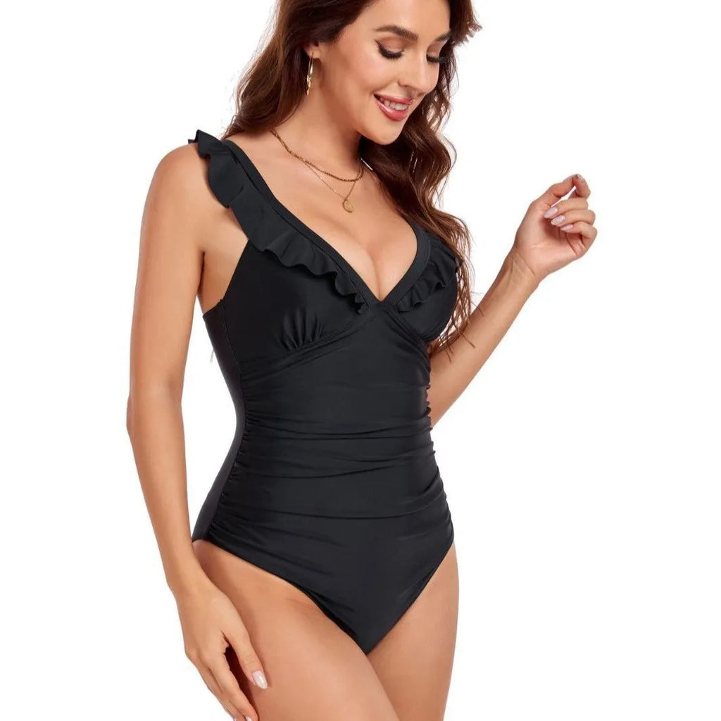 Black solid colour backless V-neck one-piece swimsuit with lace trim for women