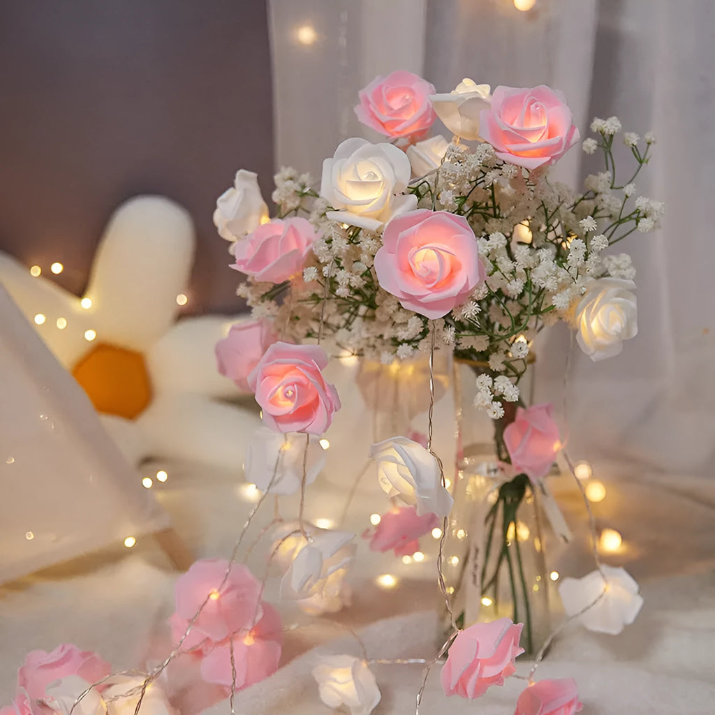 Indoor battery-powered LED rose decorative light string in one of seven colour options