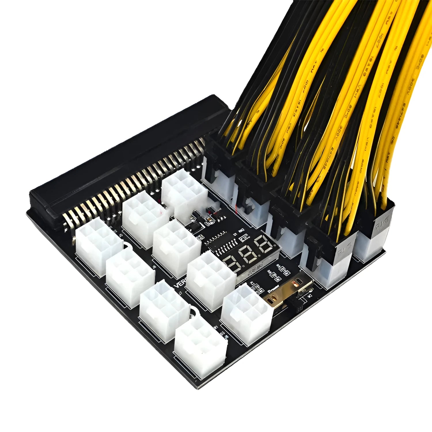 Black server power adapter board with 6-pin connector and multiple wire outputs.