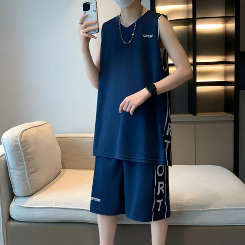 Men's black polyester basketball sports suit consisting of a sleeveless vest top and matching shorts.