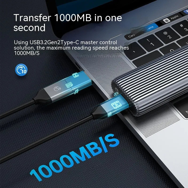 Aluminium M.2 SSD external enclosure with thermal management accessories and USB cable