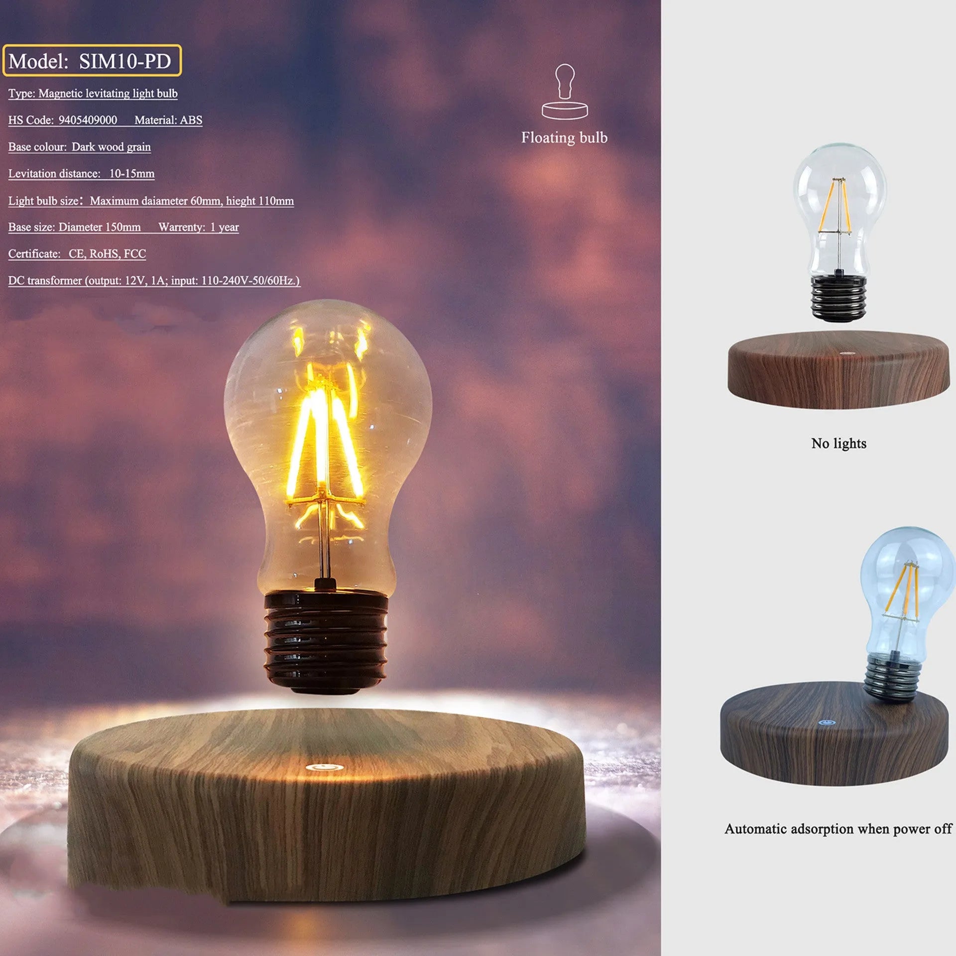 Magnetic levitation bulb night light in solid wood colour with floating bulb and plastic lamp holder