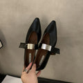 Women's silver pointed toe Mary Jane shoes with a buckle fastening, shown in black and wine red.