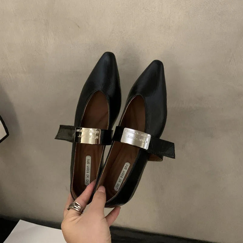 Women's silver pointed toe Mary Jane shoes with a buckle fastening, shown in black and wine red.