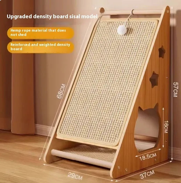Vertical wall-mounted cat scratch board with sisal scratching surface and attached ball toy with hemp rope