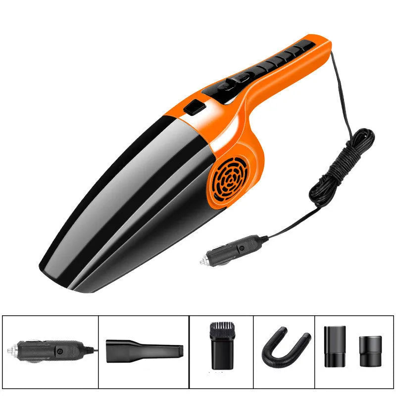 Black and orange car vacuum cleaner with cigarette lighter plug showing dimensions 36cm by 10cm by 13cm