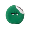 Green and yellow egg-shaped latex dog toy with cartoon bread pattern and squeaker