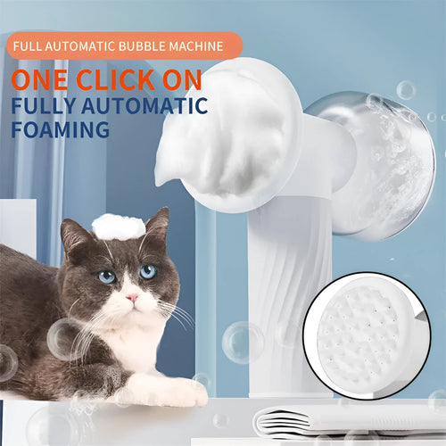Automatic foaming dog cat bath brush with soap dispenser and silicone bristles, handheld and wireless, for pet grooming