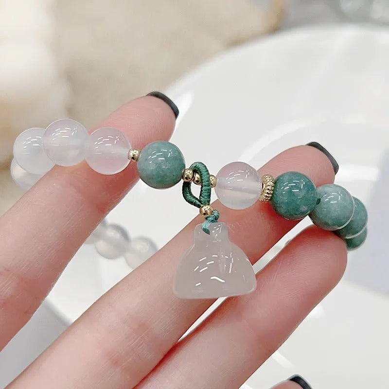 Women's retro Chinese style agate lotus seedpod bracelet with Burma jade elements