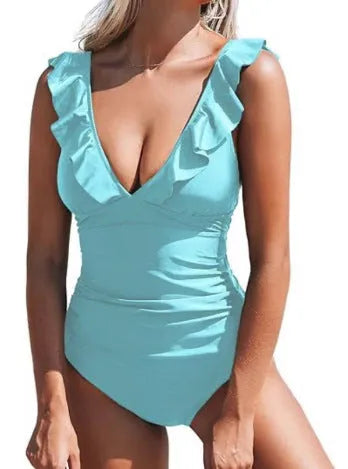 Women's apricot floral one-piece swimsuit with V-neck, flounce detail, and lace-up back.