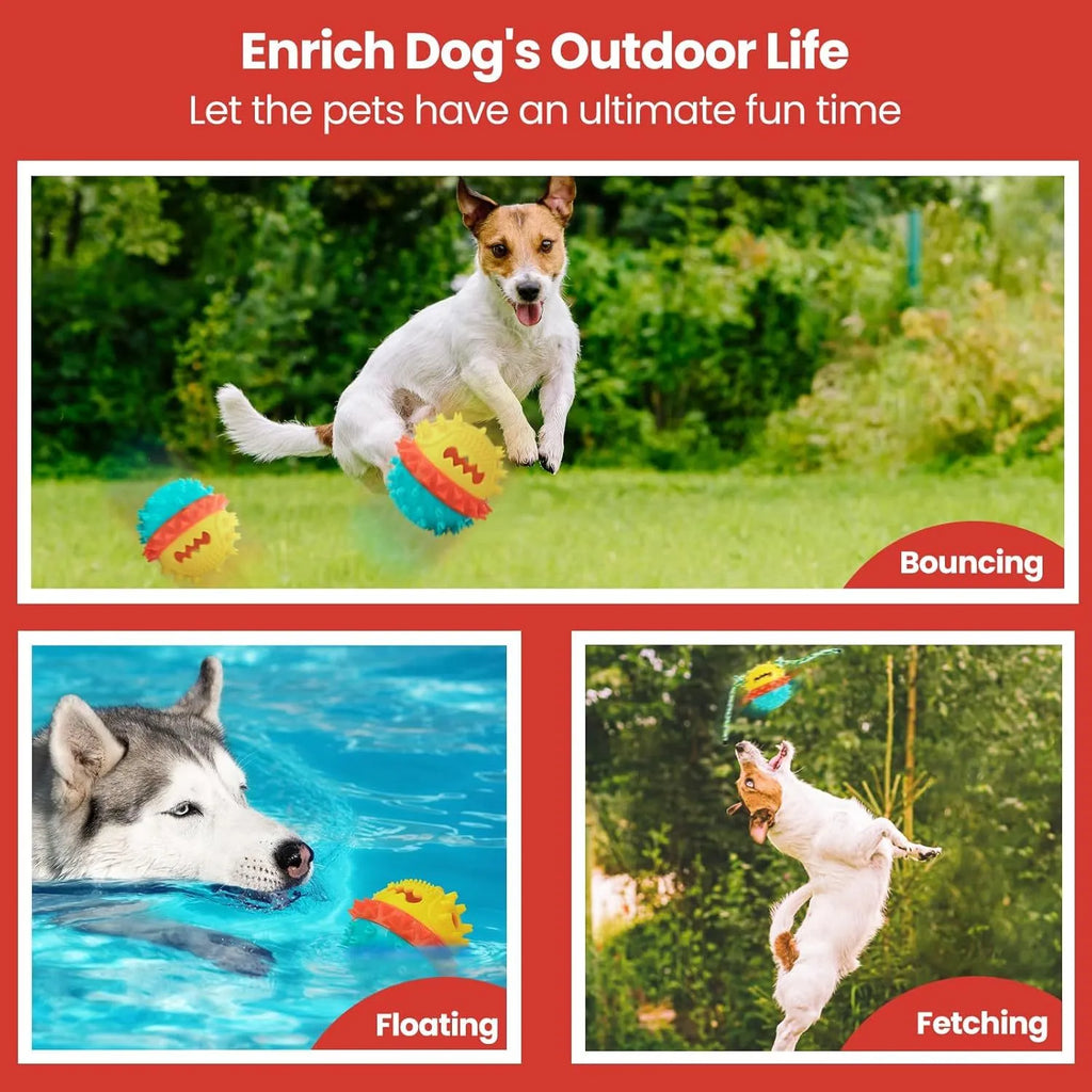 Blue and red 4.25 inch diameter dog ball toy with treat dispenser hole and surface texture for aggressive chewers