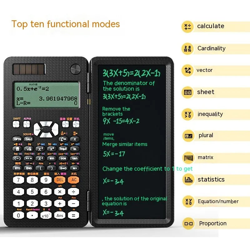 Black foldable 2-in-1 scientific calculator with handwriting tablet on blue LCD screen, ABS body, portable design