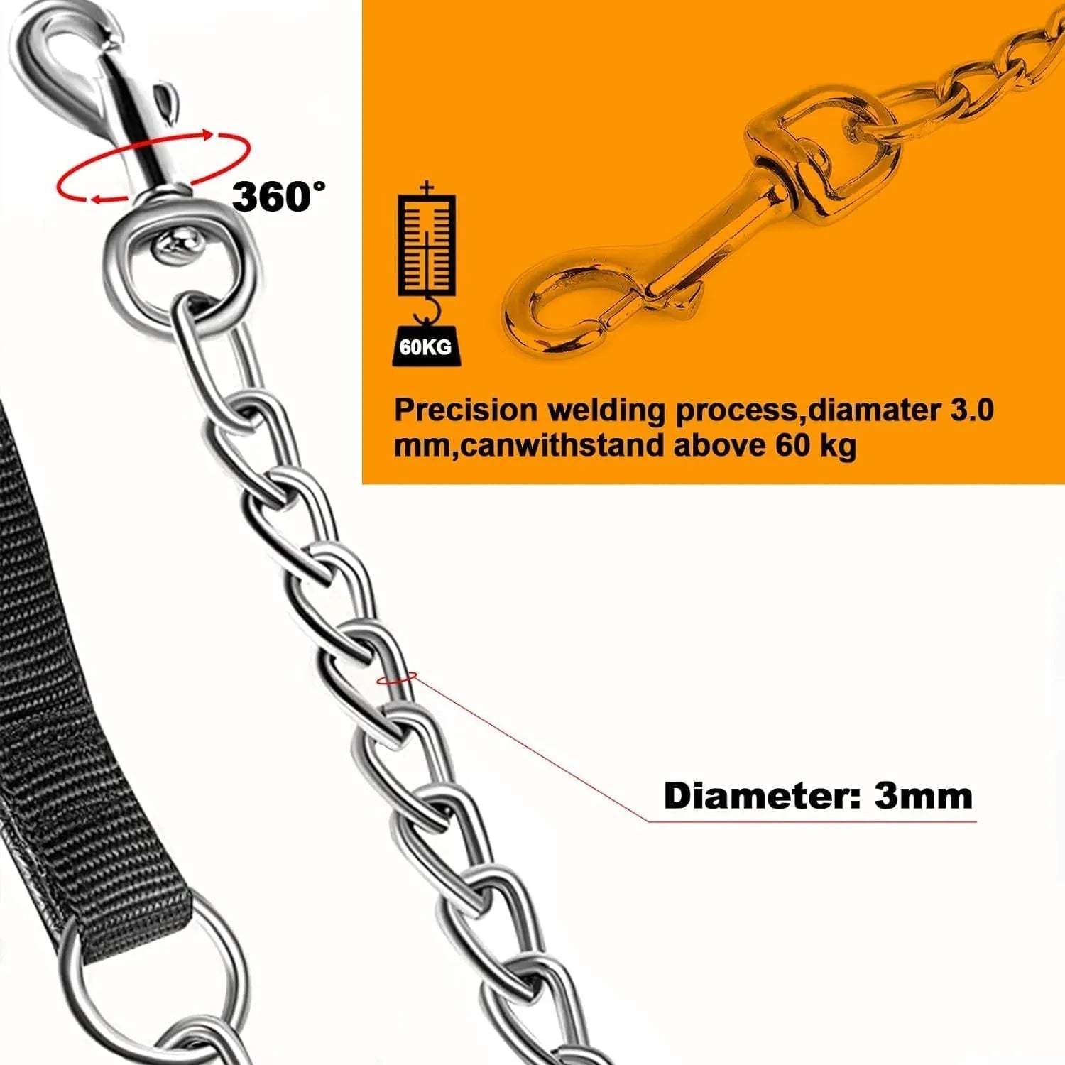 Heavy duty metal dog leash with soft padded handle showing black colour option