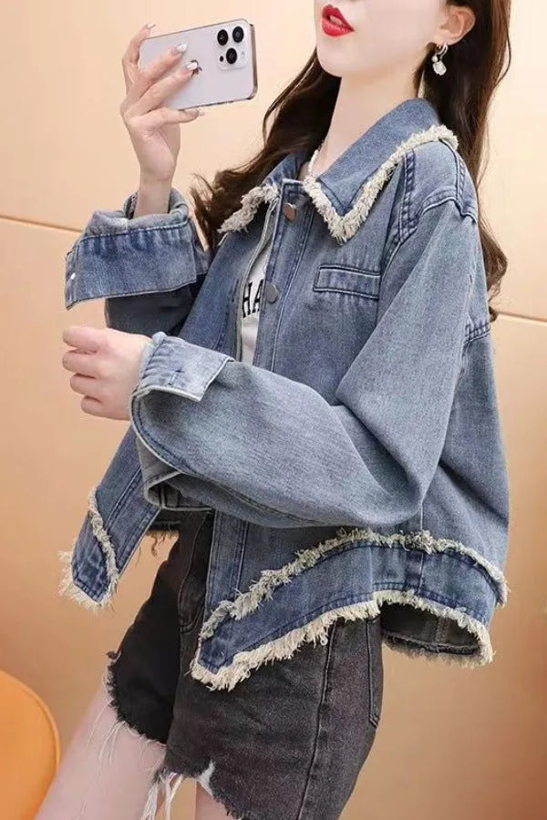 Short blue chenille denim jacket for women with long sleeves, designed for petite frames, shown in front view on white background