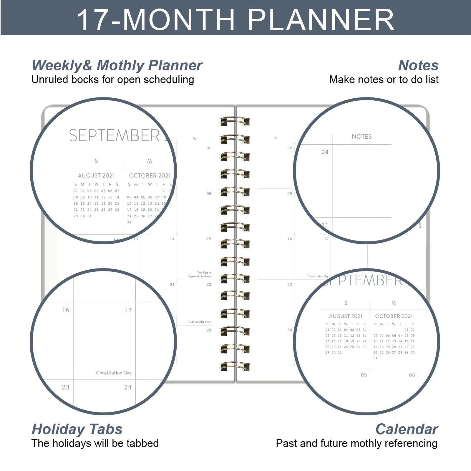 Blue 17-month 2022-2023 student planner with coil binding, month grid, and pockets.