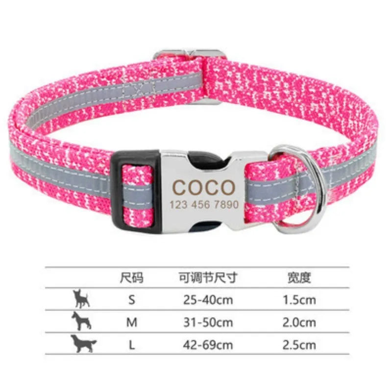 Dog collar shown in black, green, and rose red, labelled with Small, Medium, and Large size tags.