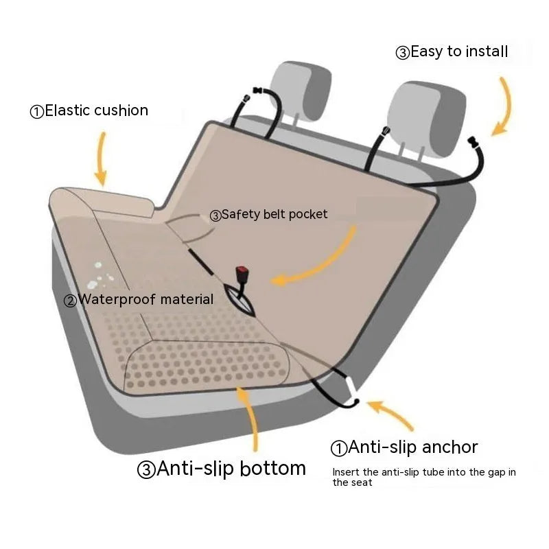 Rear car dog bed made of Oxford cloth in black, measuring 127x35x55 cm, placed on a car back seat