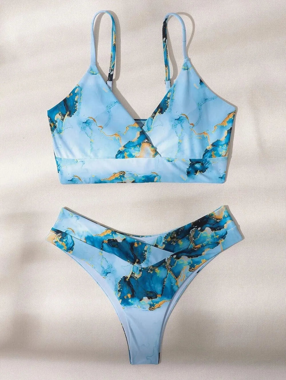 Women's marble tie-dye print high waist bikini with U-neck top separated swimwear