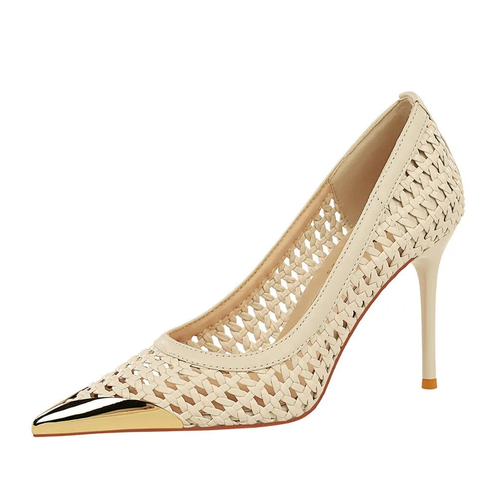 Women's stiletto heel pumps with hollow-out pattern and solid colour finish in a choice of four shades