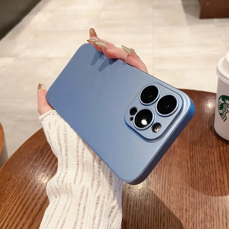 Ultra-thin frosted PC phone case in grey for iPhone showing all-inclusive lens protection